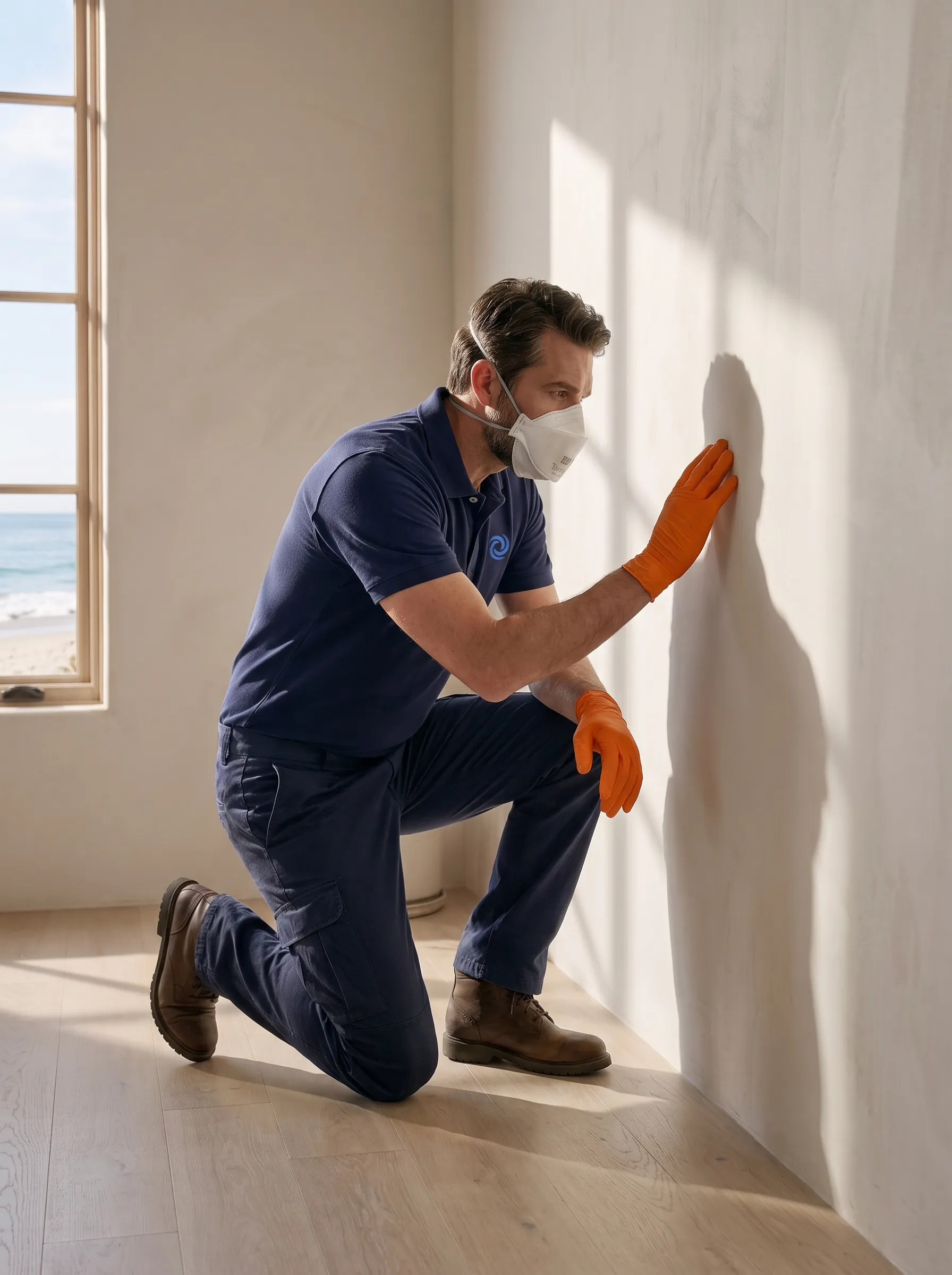 Certified inspector wearing protective gear examining a wall for mold