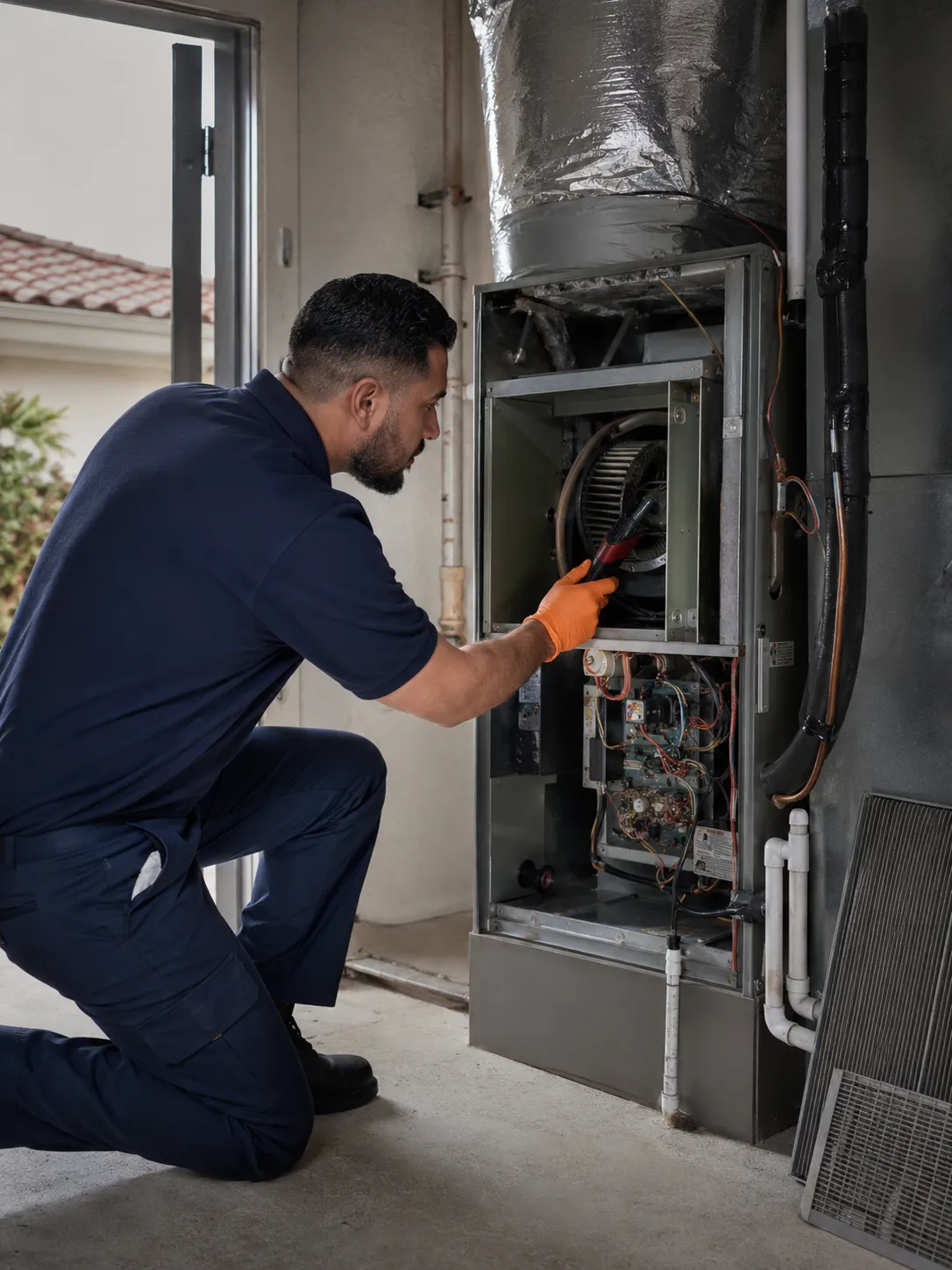 Technician inspecting an HVAC furnace system