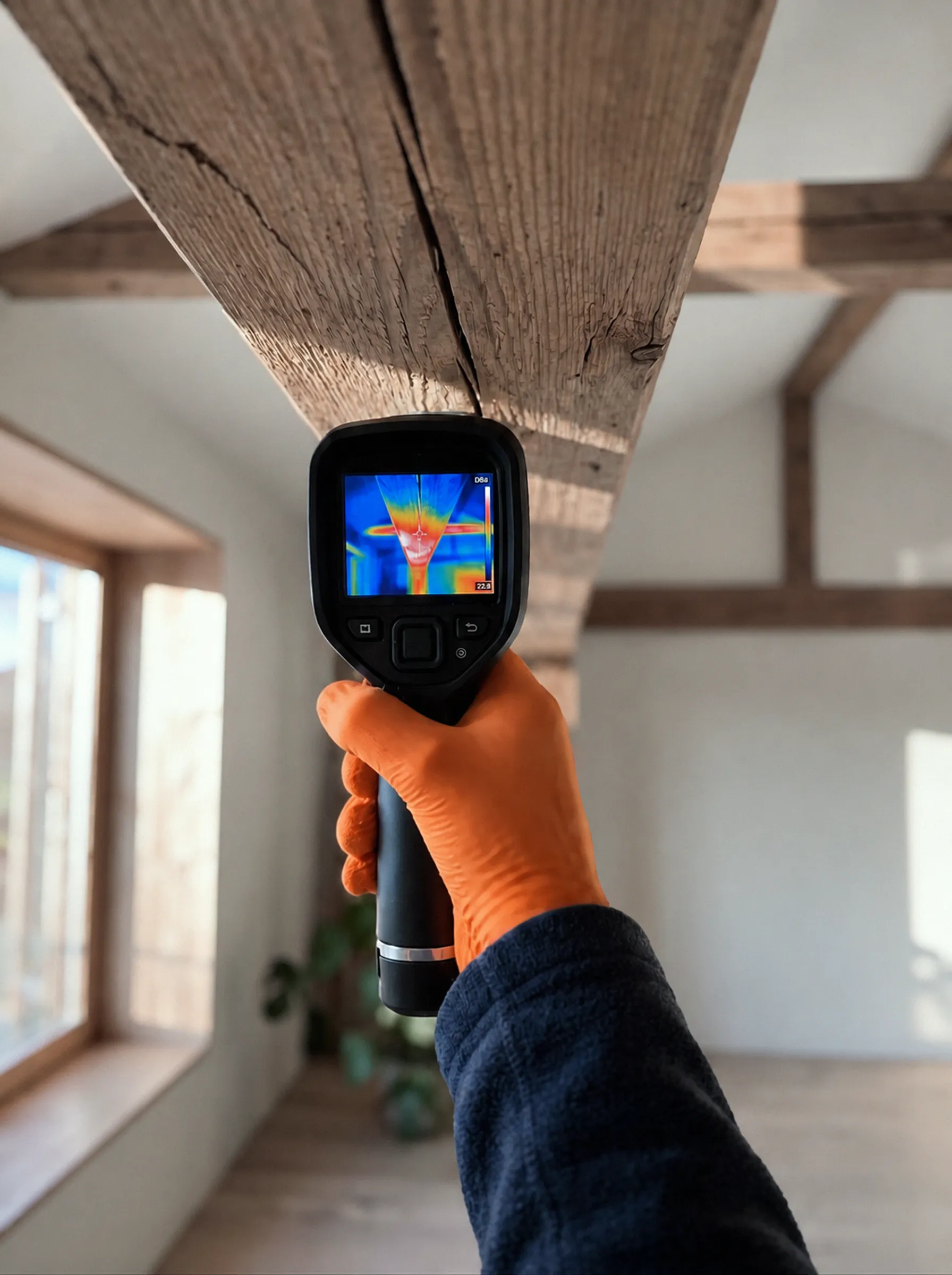 Technician using a thermal imaging camera to inspect indoor air conditions