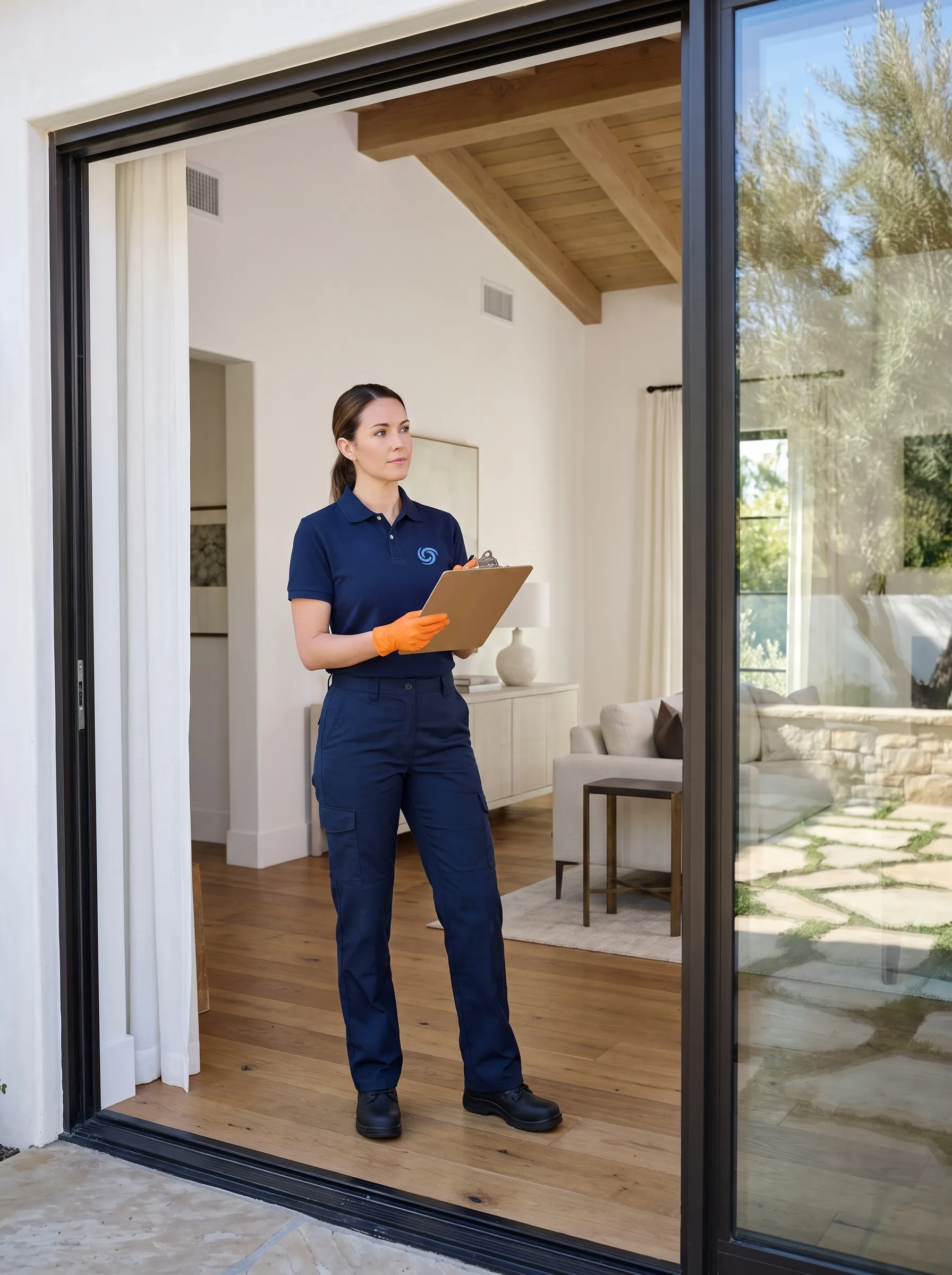 Inspector reviewing a clearance checklist at a doorway