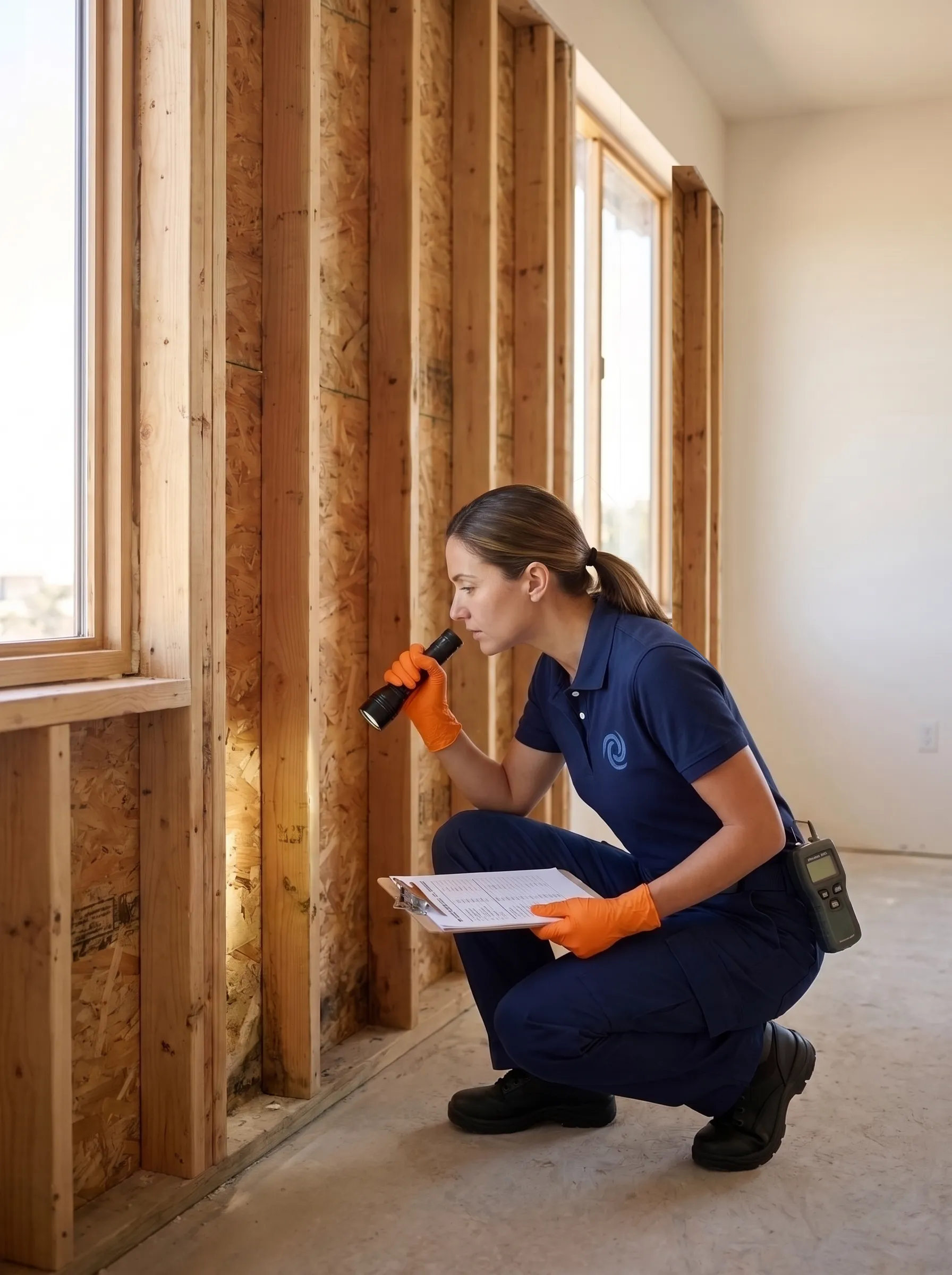 Inspector examining a wall cavity after mold remediation