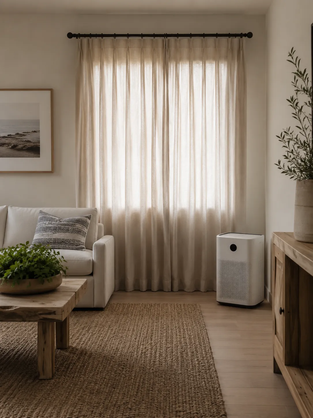 Air purifier running in a living room