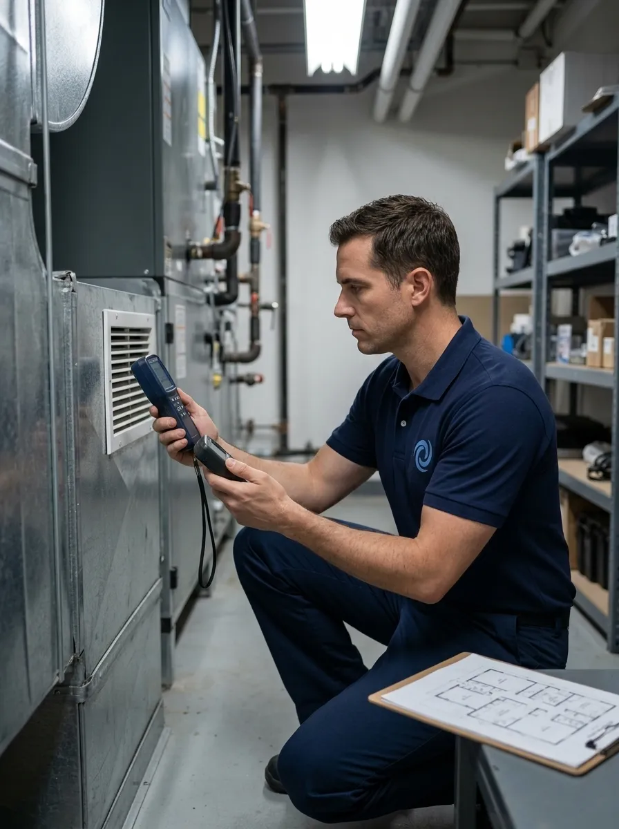 Technician performing indoor air quality testing in a commercial building