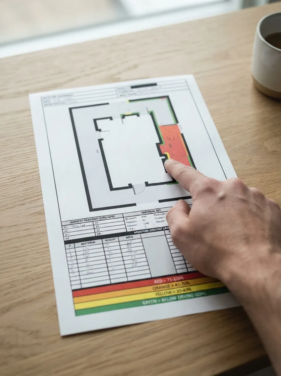 Diagram showing moisture mapping results across a home's floor plan